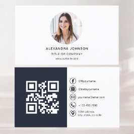 Navy Blue Modern Photo med QR Code Social Media Visitkort