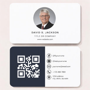 Navy Blue Modern Photo med QR Code Social Media Visitkort