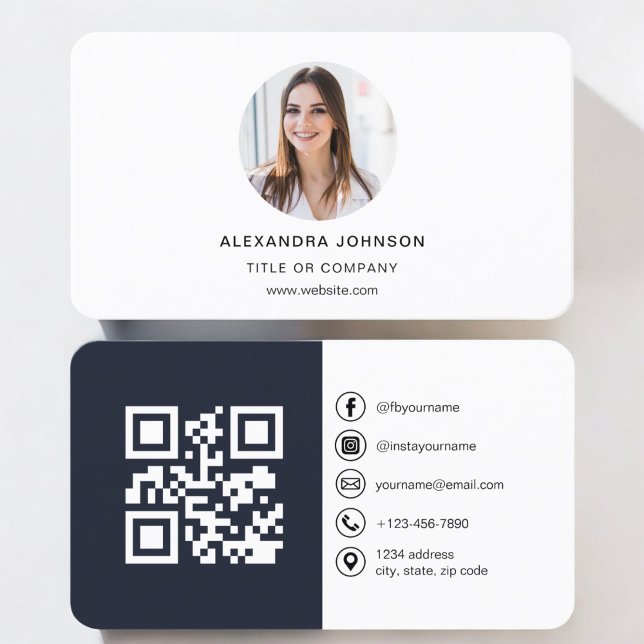 Navy Blue Modern Photo med QR Code Social Media Visitkort (Skapare uppladdad)