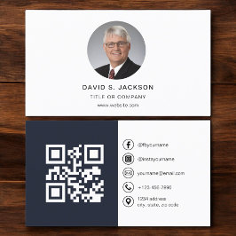 Navy Blue Modern Photo med QR Code Social Media Visitkort