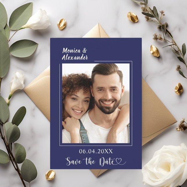Navy blue modern photo wedding Save the Date Spara Datumet (Skapare uppladdad)