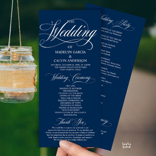 Navy Blue Modern Script Allt-i-ett Bröllop Program (Modern Script All In One Wedding Program Card in Navy Blue)