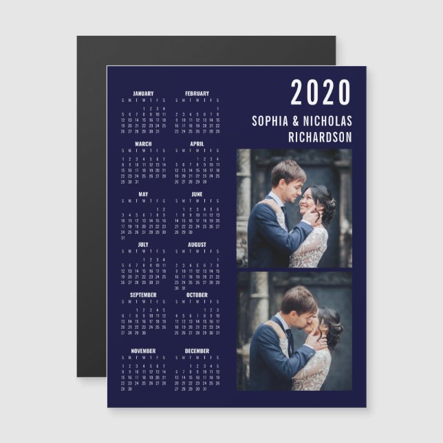 Navy Blue Modern Two Photo 2020 Calendar Magnet (Fram/baksida)