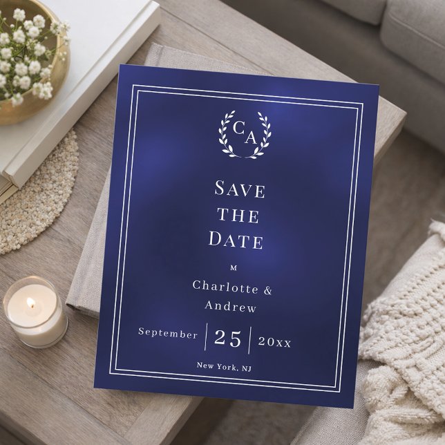 Navy blue monogram budget wedding Save the Date  Flygblad (Skapare uppladdad)