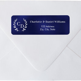Navy blue monogram initials wreath return address returadress etikett