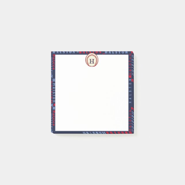 Navy Blue Monogram Namn ger ut Kids-pojkar basebol Post-it Block (Framsida)