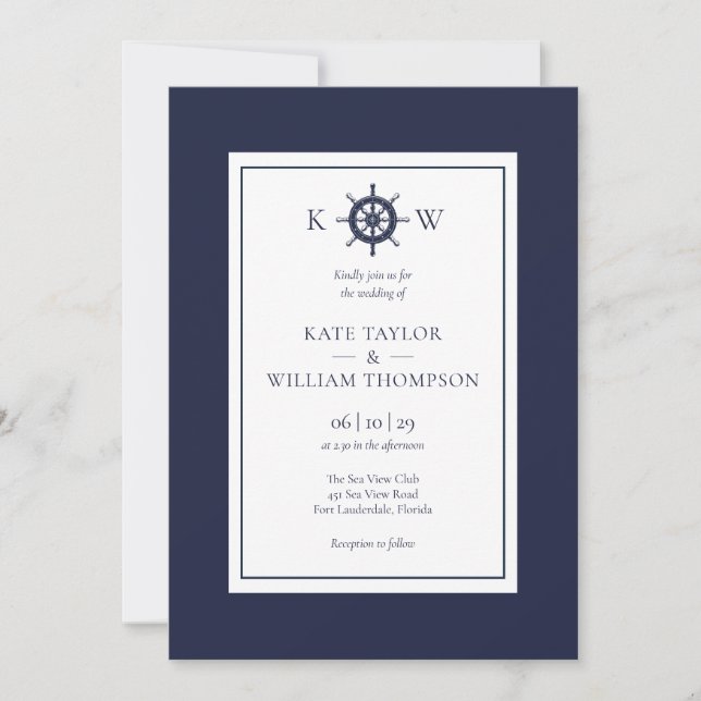 Navy Blue Monogram Nautical Frakt Wheel Bröllop Inbjudningar (Framsida)