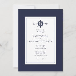Navy Blue Monogram Nautical Frakt Wheel Bröllop Inbjudningar