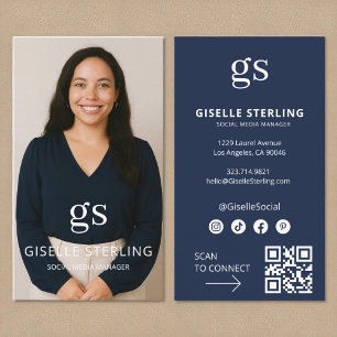 Navy Blue Monogram Photo Social Media QR-kod Visitkort