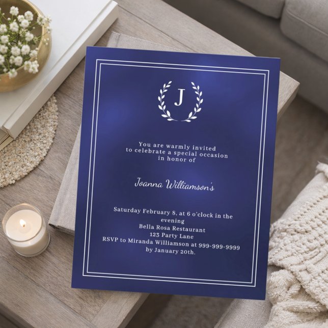 Navy blue monogram wreath age-neutral invitation (Skapare uppladdad)