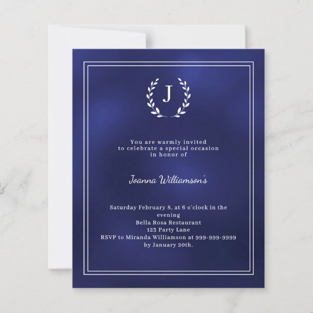 Navy blue monogram wreath age-neutral invitation (Framsida)
