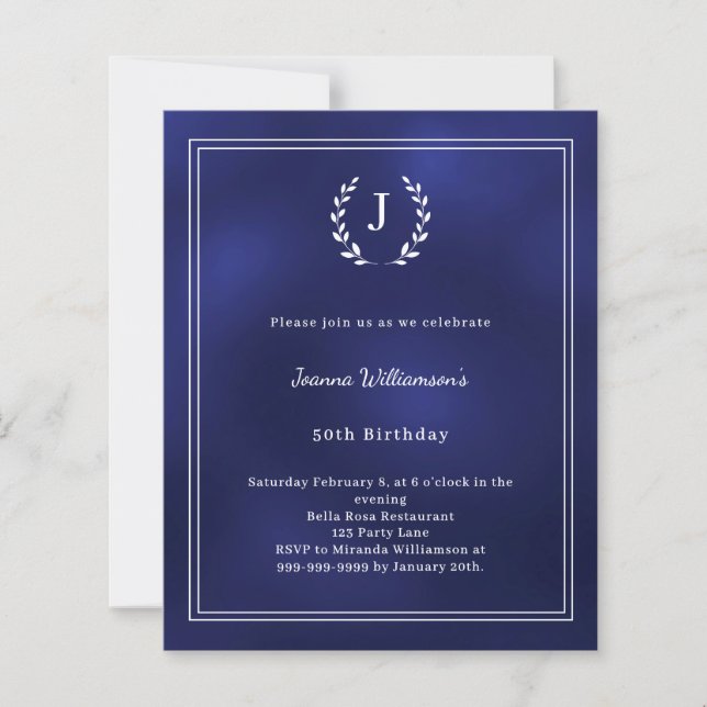 Navy blue monogram wreath birthday invitation (Framsida)