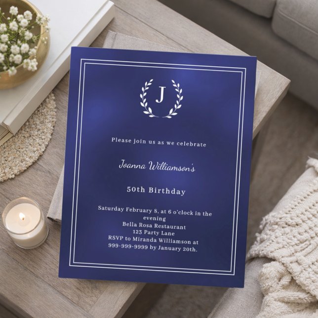 Navy blue monogram wreath birthday invitation (Skapare uppladdad)