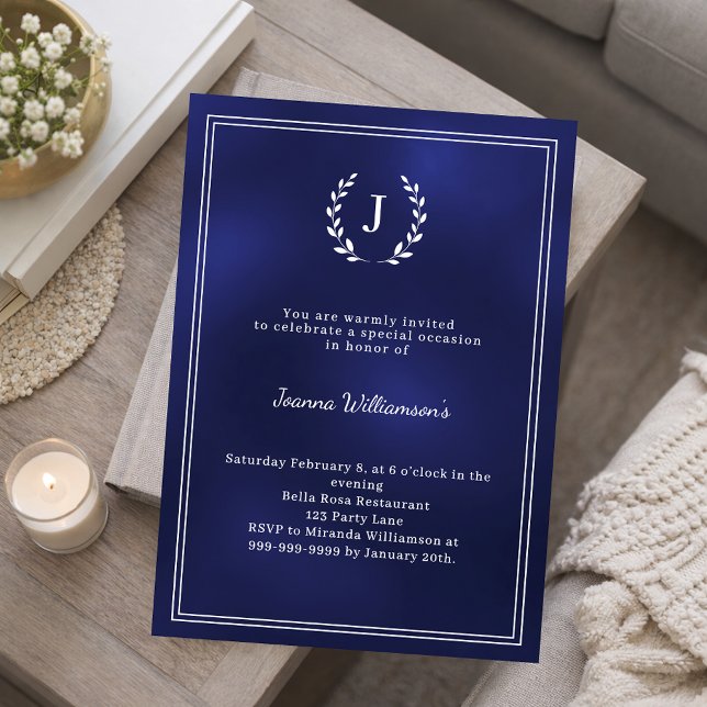 Navy blue monogram wreath milestone age-neutral inbjudningar (Skapare uppladdad)