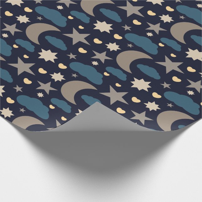 Navy Blue Moon Stars and Clouds Gift Wrap Presentpapper (Hörn)