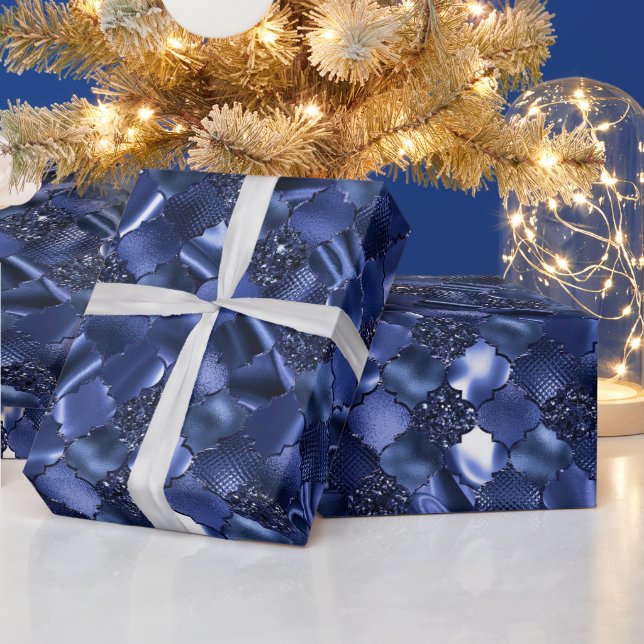 Navy Blue Moroccan Quatrefoil Mönster Presentpapper (Helgdagar)