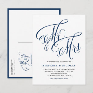 Navy Blue Mr. och Rustic Calligraphy Bröllop Inbjudan Vykort
