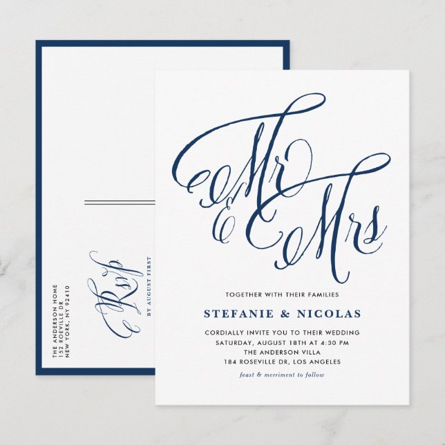 Navy Blue Mr. och Rustic Calligraphy Bröllop Inbjudan Vykort (Fram/baksida)