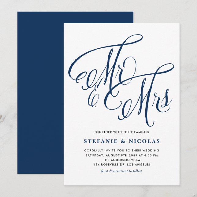 Navy Blue Mr. och Rustic Calligraphy Bröllop Inbjudningar (Fram/baksida)