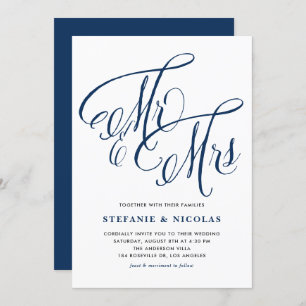 Navy Blue Mrs. och Rustic Script Bröllop Inbjudningar