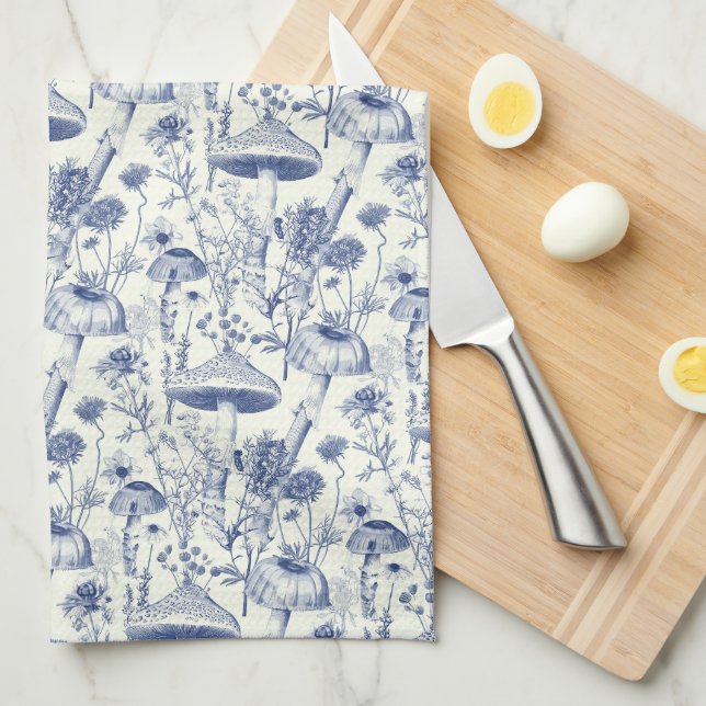 Navy Blue Mushroom Toile De Jouy Kökshandduk (Vikt i Fjärdedel)