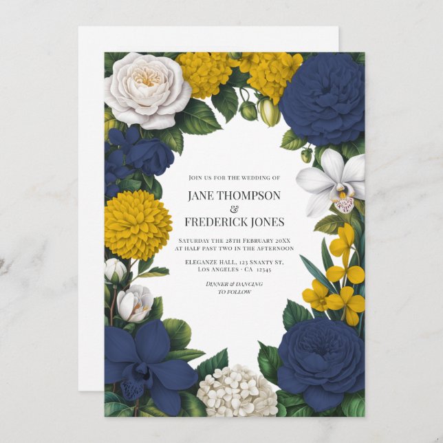 Navy Blue, Mustard Yellow & White Floral Wedding Inbjudningar (Fram/baksida)