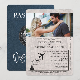 Navy Blue Nashville Pass Bröllop Inbjudningar