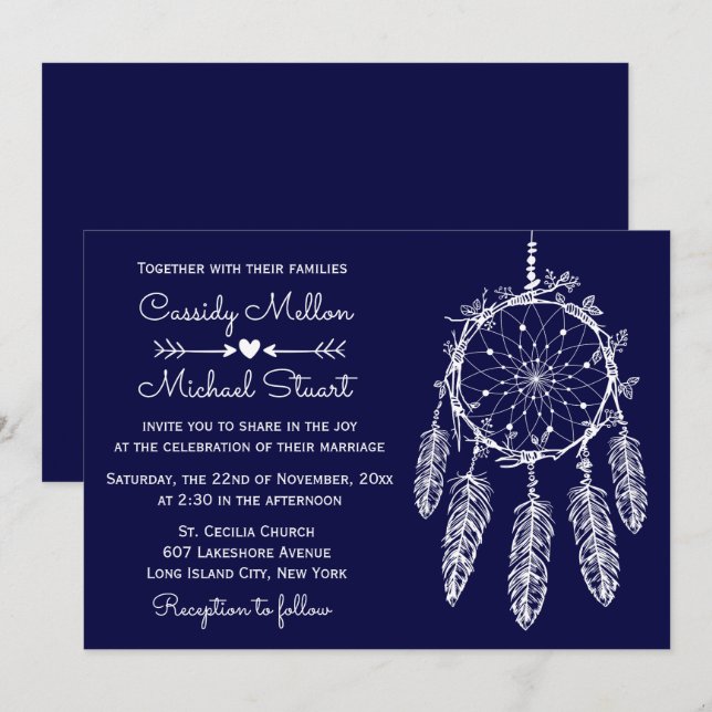 Navy Blue Native American Dream Catcher Bröllop Inbjudningar (Fram/baksida)