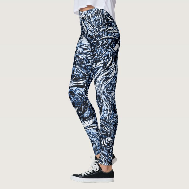 Navy Blue Nature Abstrakt Mönster Leggings (Vänster)