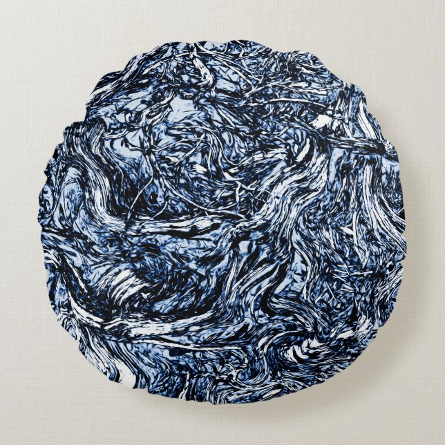 Navy Blue Nature Abstrakt Mönster Rund Kudde (Framsidan)