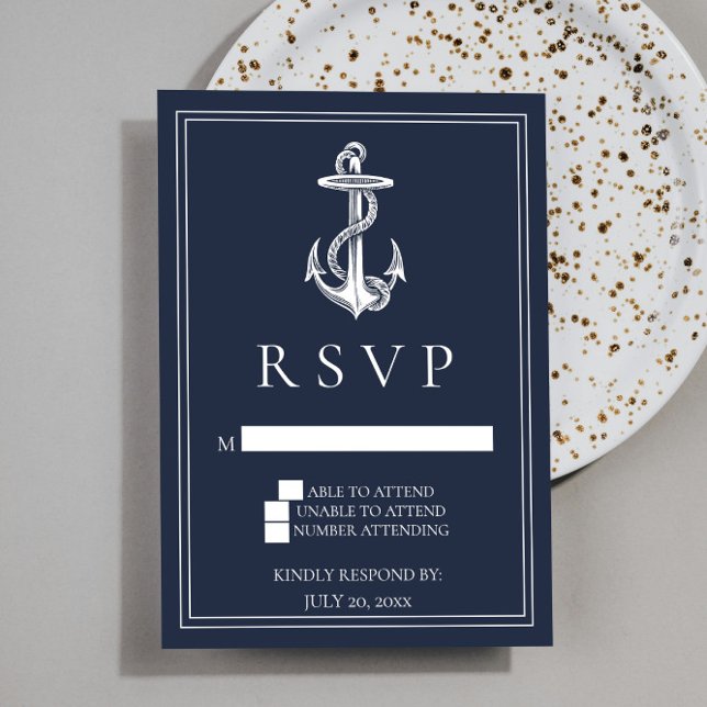 Navy Blue Nautical Anchor-Bröllop OSA Card (Navy Blue Nautical Anchor Wedding RSVP Card)
