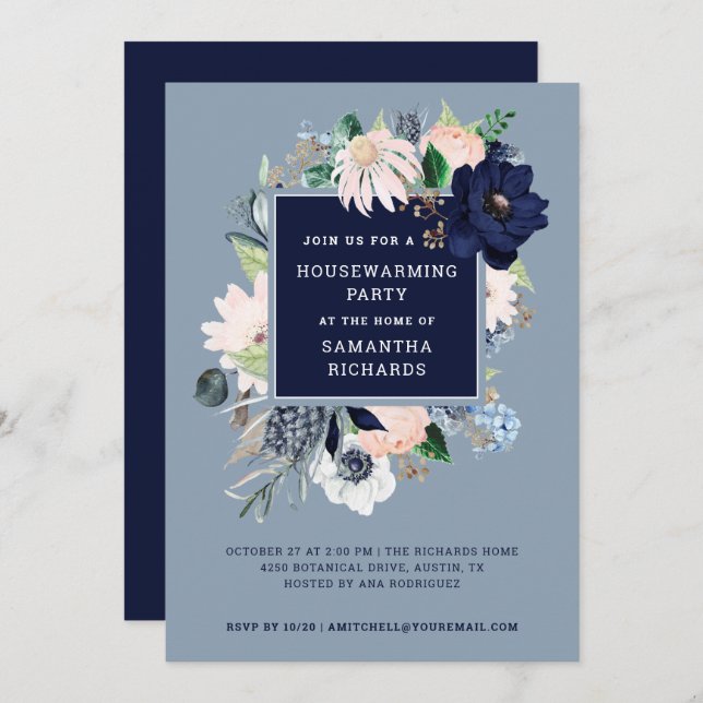 Navy Blue Nautical Blommigt| Party för uppvärmning Inbjudningar (Fram/baksida)