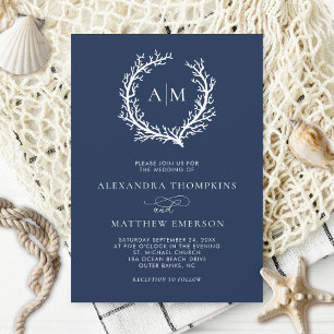 Navy Blue Nautical Coral Reef Bröllop Inbjudningar