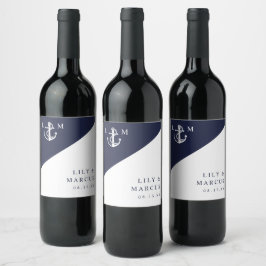 Navy Blue Nautical Modern Elegant Monogram Bröllop Vinflaska Etikett