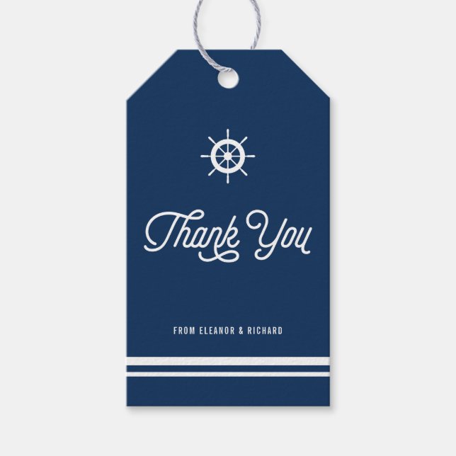 Navy Blue Nautical Tack Script med Helm Presentetikett (Framsidan)