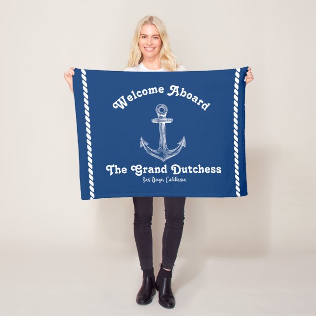 Navy Blue Nautical Welcome om Anpassningsbar Boat Fleecefilt (På plats)