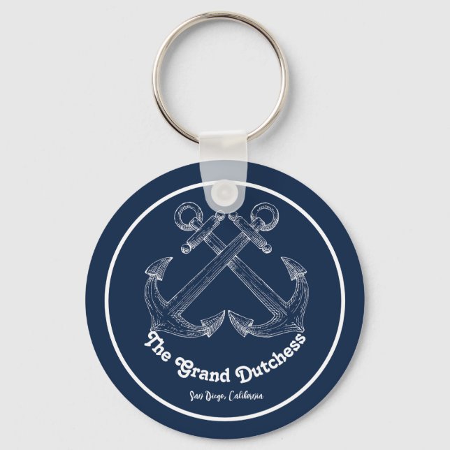 Navy Blue Nautical Welcome om Anpassningsbar Boat Nyckelring (Framsida)