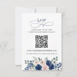Navy Blue och Blush Blommig Modern Bröllops QR KOD OSA Kort