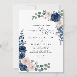 Navy Blue och Blush Blommig QR-kod Bröllop Inbjudningar