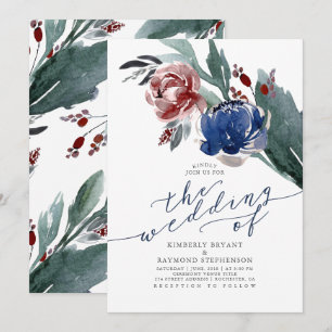 Navy Blue och Burgundy Red Blommigt Modern Bröllop Inbjudningar