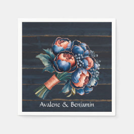 Navy Blue och Copper Peony Bouquet Wood Bröllop Pappersservett