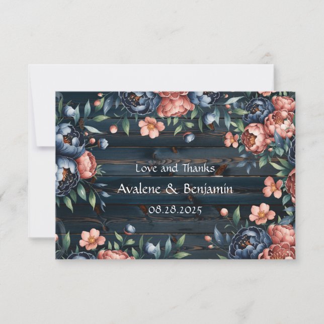 Navy Blue och Copper Peony Bouquet Wood Bröllop Tack Kort (Framsida)