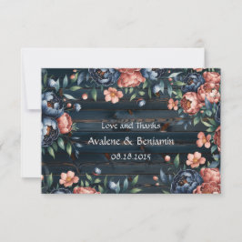 Navy Blue och Copper Peony Bouquet Wood Bröllop Tack Kort