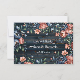 Navy Blue och Copper Peony Bouquet Wood Bröllop Tack Kort