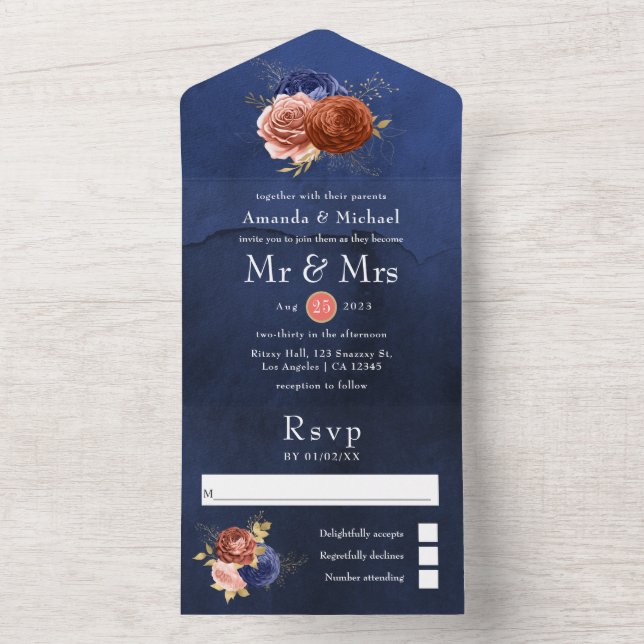 Navy Blue och Coral Blommig Bröllopsinbjudan Allt  (Insida)
