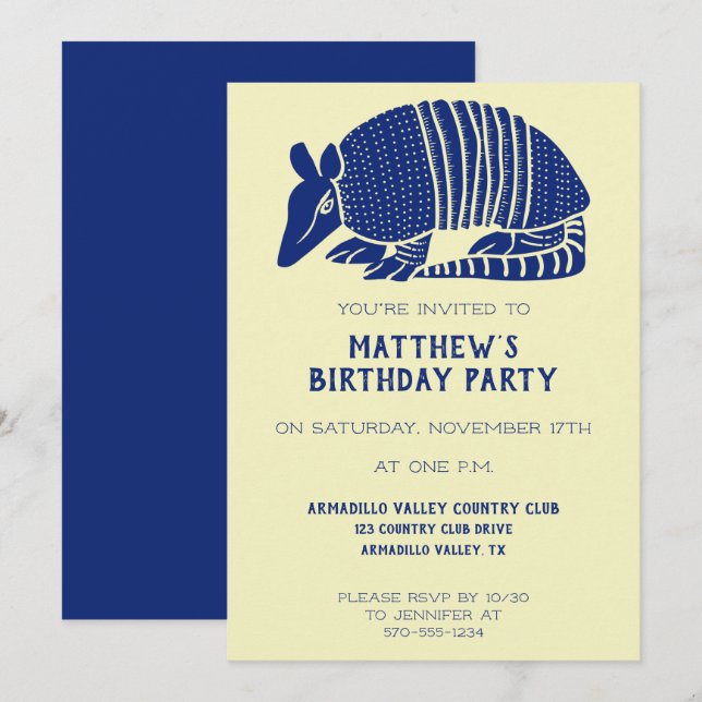 Navy Blue och Cream Armadillo Personlig Party Inbjudningar (Fram/baksida)