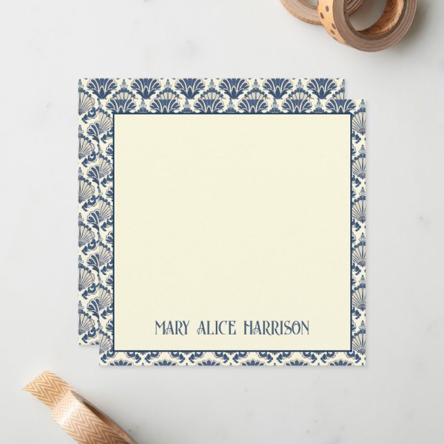Navy Blue och Cream Seashell Mönster Anteckningskort (Fram/Back In Situ)