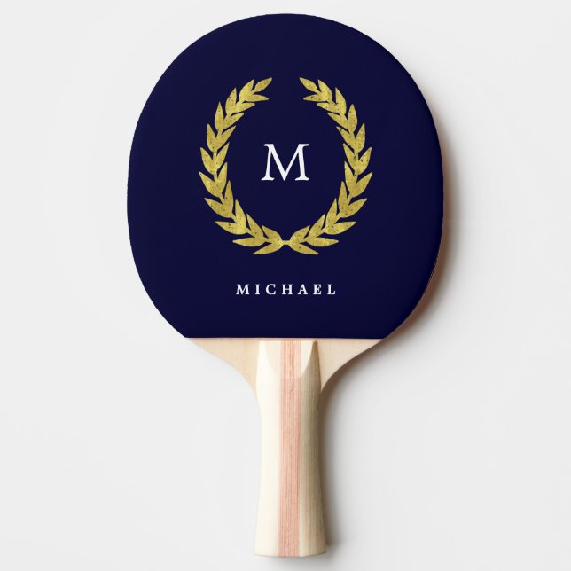 Navy Blue och Faux Guld Laurel Wandeans | Monogram Pingisracket (Framsidan)