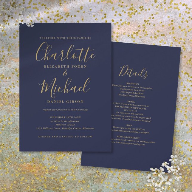 Navy Blue Och Guld Allt I Ett Chic Script Bröllop Inbjudningar (Navy Blue And Gold All In One Chic Script Wedding Invitation)