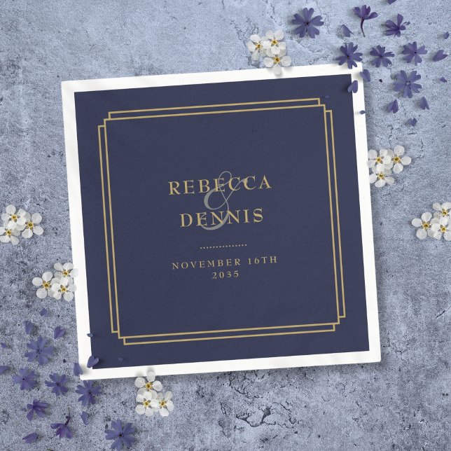 Navy Blue Och Guld Art Deco Bröllop Pappersservett (Navy Blue And Gold Art Deco Wedding Napkins)